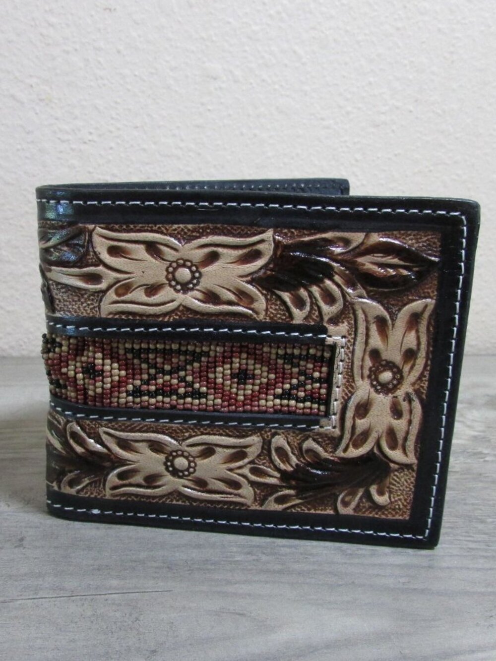 Leather Tooled & Aztec Beaded Men's Bifold Wallet - Burgundy/Tan